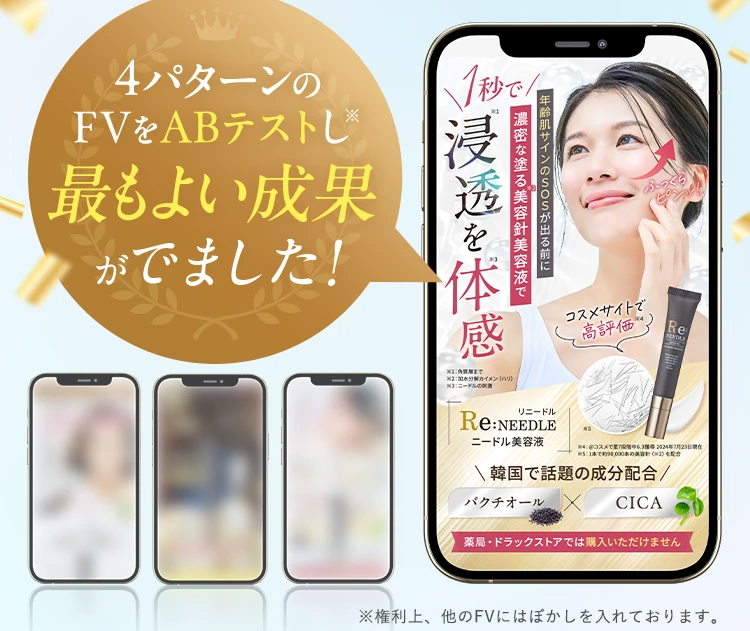4パターンのFVをABテストし最もよい成果がでました! ※権利上、他のFVにはぼかしを入れております。